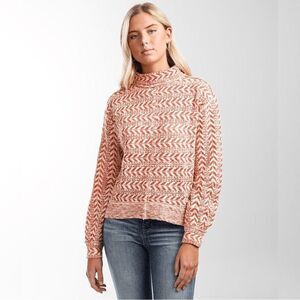 BKE Orange and White Pattern Geometric Mock Neck Long Sleeve Sweater